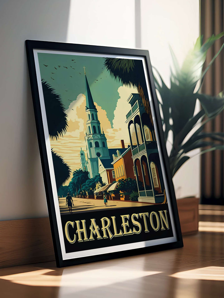 Charleston coastal architecture and classic row houses nestled along a historic street scene. Upgrade your bedroom wall decor with this MapYourDreams design, available as a framed print or stretched canvas.