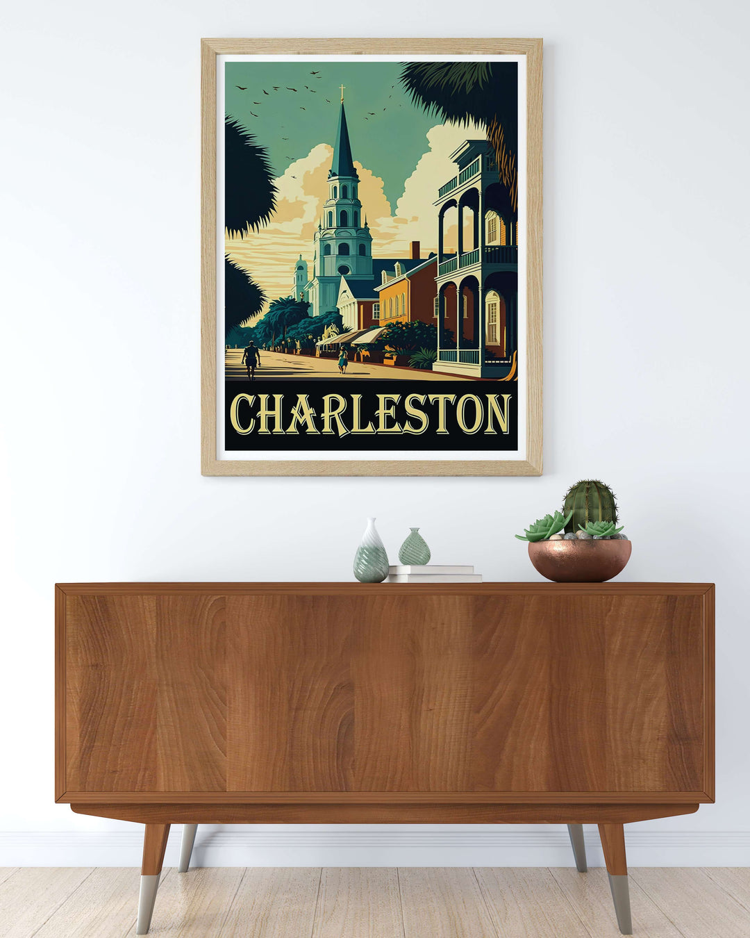 Charleston city street capturing warm cream clouds and a tall church steeple with birds flying overhead. This poster makes great southern home wall art as a canvas, framed print, or poster.