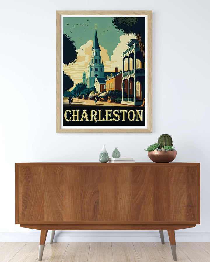 Charleston city street capturing warm cream clouds and a tall church steeple with birds flying overhead. This poster makes great southern home wall art as a canvas, framed print, or poster.