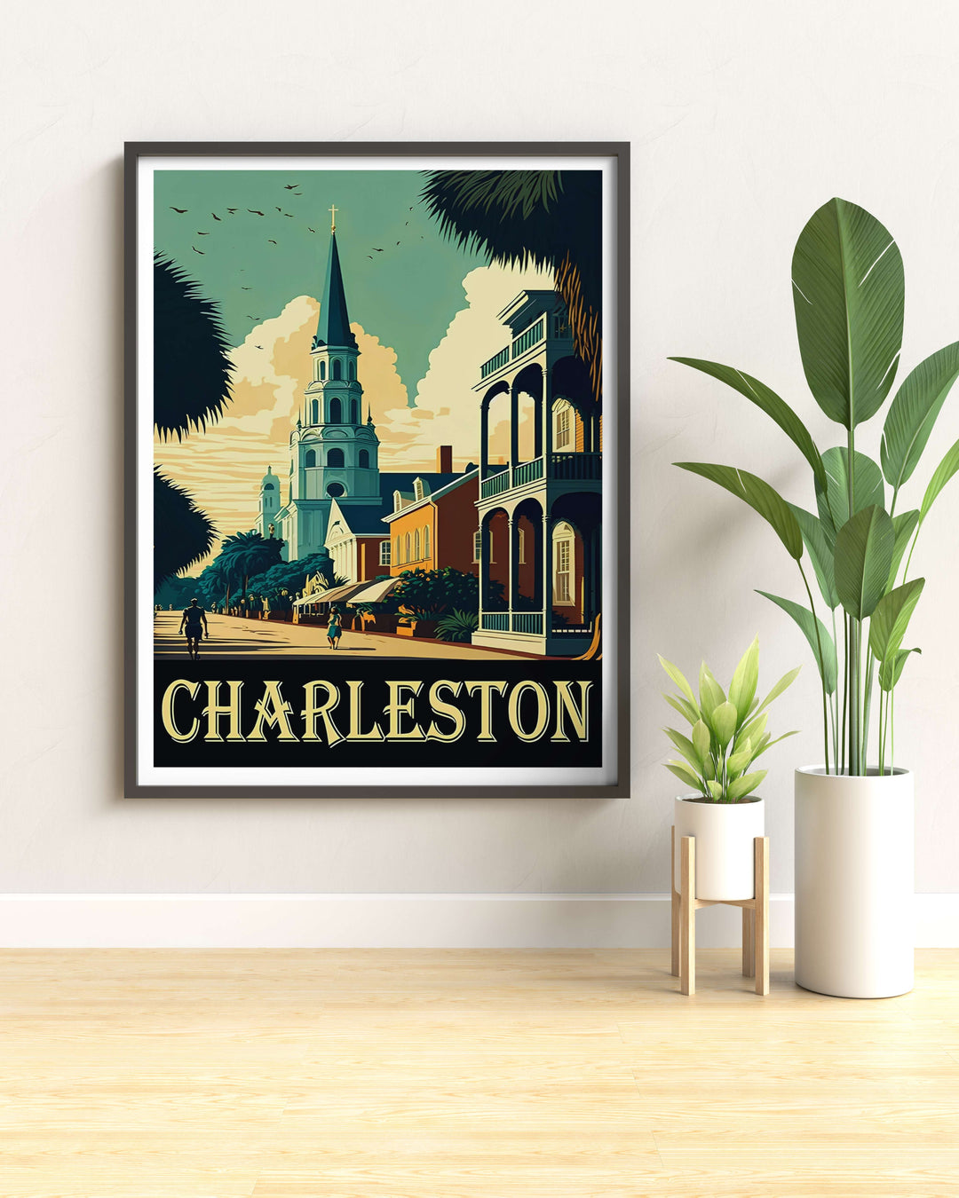 Charleston urban sunset horizon lines behind a historic steeple with palm tree leaves in the foreground. A scenic travel poster from MapYourDreams, crafted expertly as an unframed print, wood-framed art, or canvas.