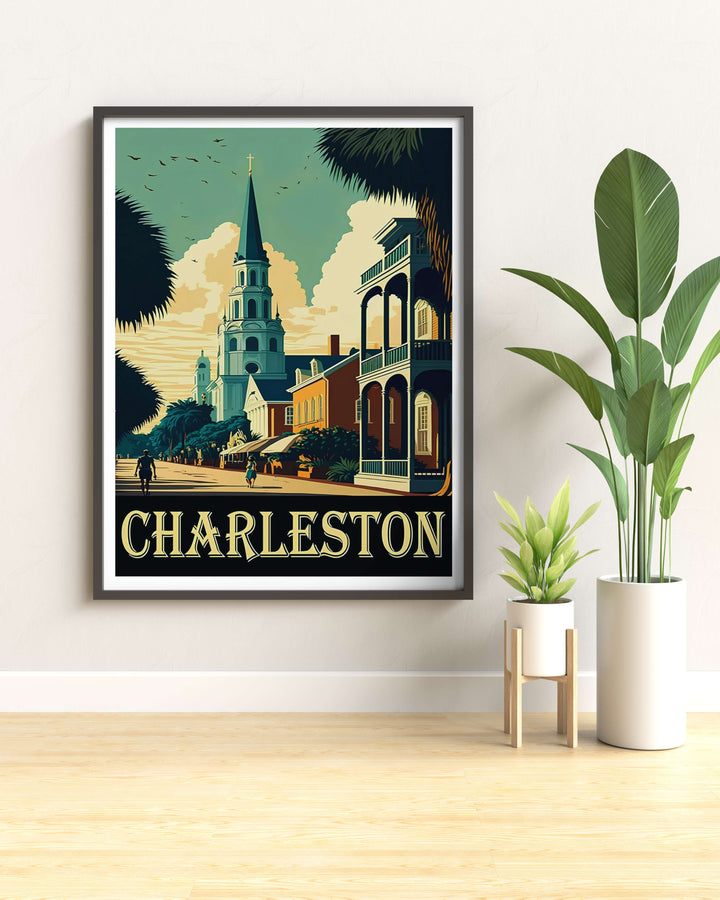 Charleston urban sunset horizon lines behind a historic steeple with palm tree leaves in the foreground. A scenic travel poster from MapYourDreams, crafted expertly as an unframed print, wood-framed art, or canvas.