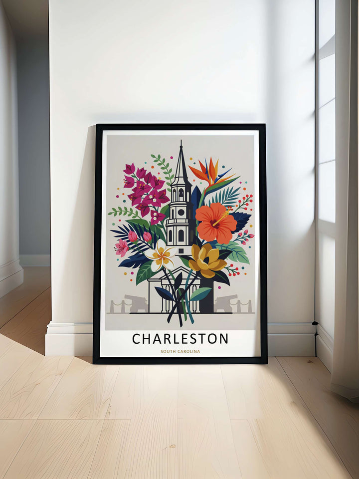 Textured look at a contemporary travel poster with wild green leaves, colorful petals, and classic architectural lines. A striking architecture wall print available from MapYourDreams as an unframed poster, framed art, or canvas.