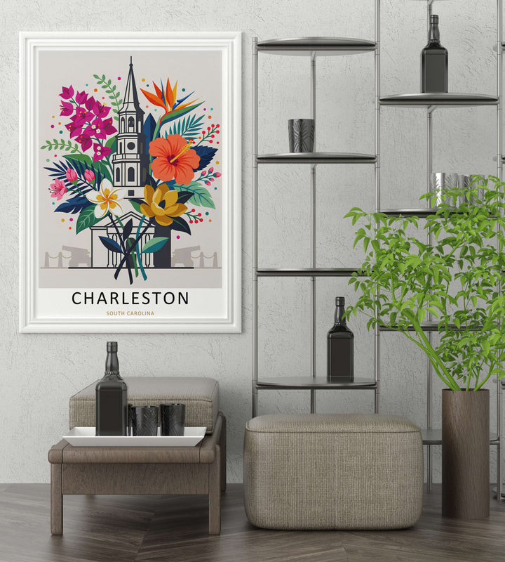 Minimalist southern architecture poster depicting dark historic defense cannon silhouettes at the base of a cream background. This MapYourDreams decorative print can be purchased as a premium canvas wrap or framed poster.