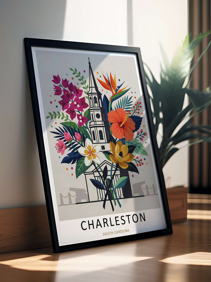 A black and white architectural line drawing of a historic church tower nestled within a lush bouquet of native southern flowers. A striking poster design perfect for living room decor as a canvas print, framed art, or poster.