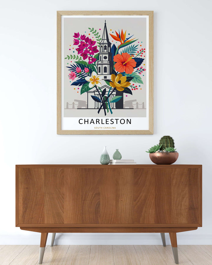 Artistic landscape flower print behind a historic white steeple with tropical palm tree fronds framing the center view. A scenic travel poster from MapYourDreams, crafted expertly as an unframed print, wood-framed art, or canvas.