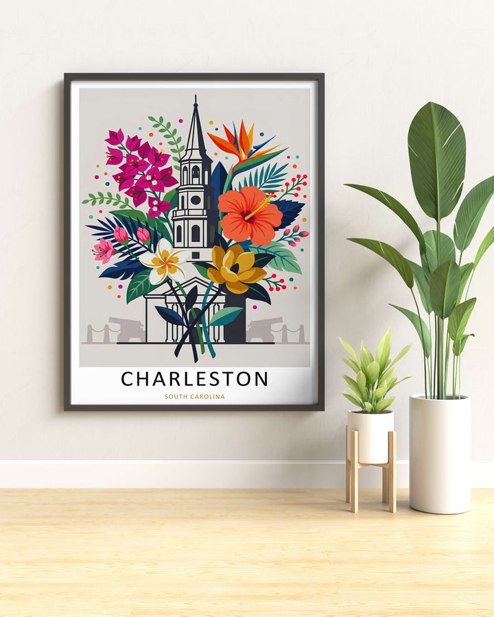 Charleston decorative travel art showcasing a stylized bouquet layout, historic military battery monuments, and traditional southern lifestyle. This home decor piece is perfectly suited for modern rooms as a framed canvas print or simple paper poster.