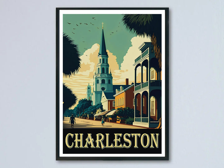 Charleston South Carolina poster showing a vintage church spire rising over a historic southern street. This coastal wall art is sold as a framed canvas or unframed print by MapYourDreams.