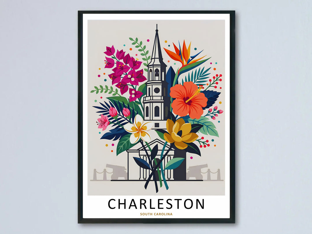 A Charleston botanical art print showcasing a historic church steeple surrounded by a large tropical bouquet. This floral wall art is sold as a framed canvas or unframed print by MapYourDreams.