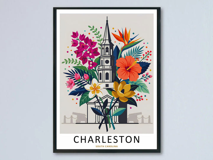 A Charleston botanical art print showcasing a historic church steeple surrounded by a large tropical bouquet. This floral wall art is sold as a framed canvas or unframed print by MapYourDreams.