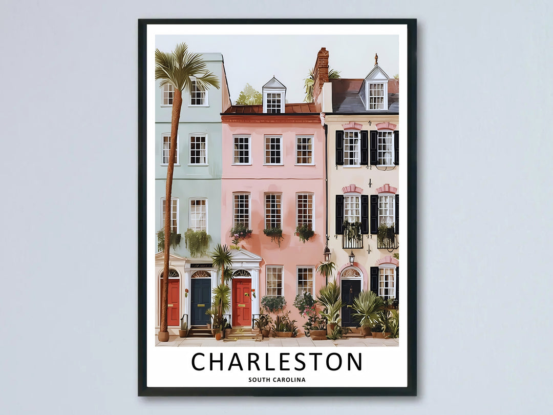 Charleston South Carolina poster showing a close-up flat design facade of historic pastel row houses. This coastal wall art is sold as a framed canvas or unframed print by MapYourDreams.