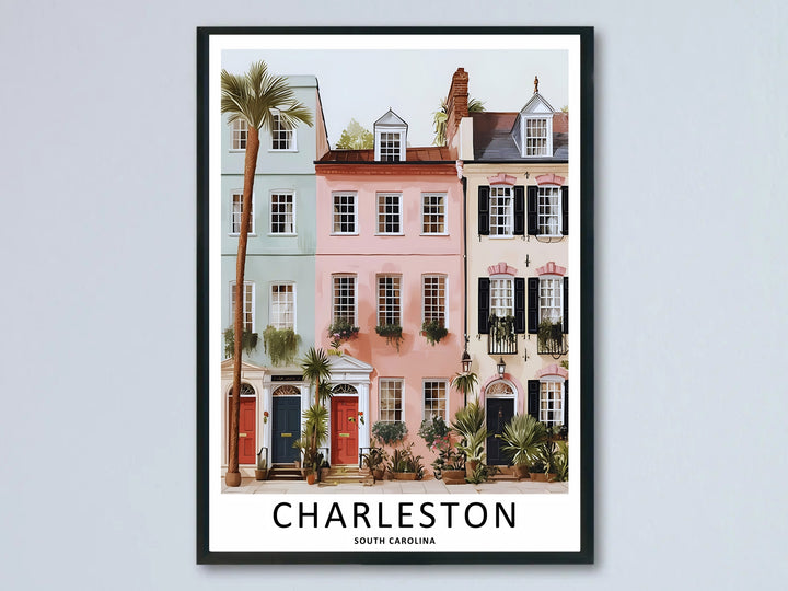 Charleston South Carolina poster showing a close-up flat design facade of historic pastel row houses. This coastal wall art is sold as a framed canvas or unframed print by MapYourDreams.