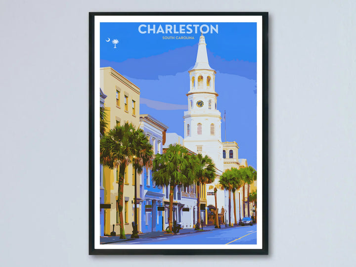 Charleston South Carolina poster showing a historic street scene with a towering white church steeple under a deep blue sky. This coastal wall art is sold as a framed canvas or unframed print by MapYourDreams.