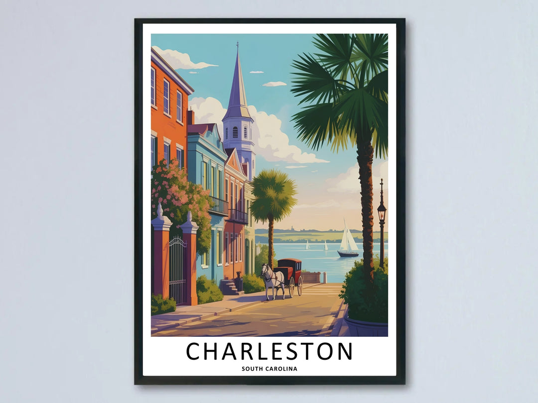 A Charleston horse-drawn carriage moves down a historic coastal avenue toward a blue bay harbor. This Lowcountry waterfront art print is sold as a framed canvas or unframed poster by MapYourDreams.