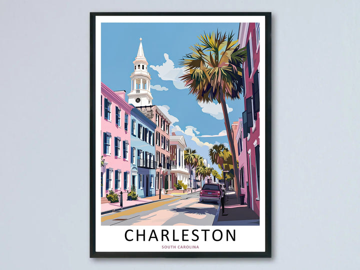 Charleston South Carolina print showing a bright pastel row of historic townhomes and a tall white church steeple. This coastal wall art is sold as a framed canvas or unframed print by MapYourDreams.