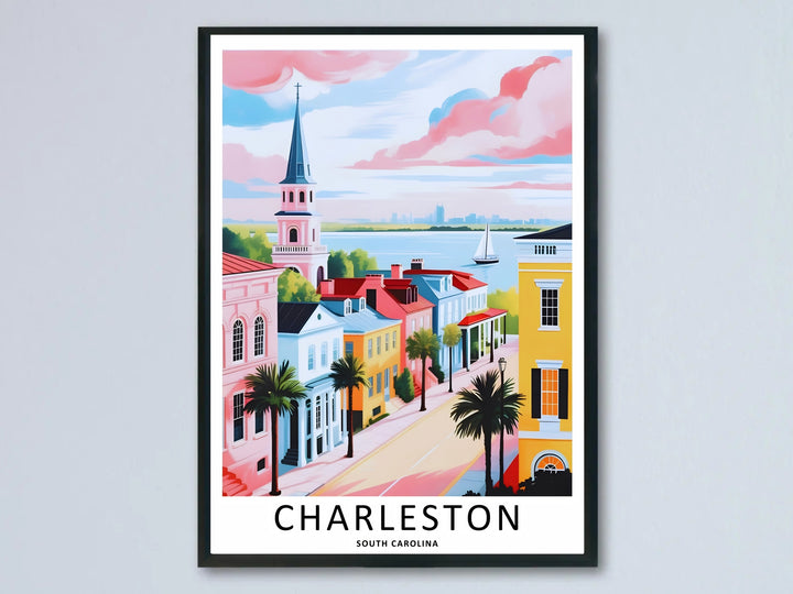 A Charleston retro travel poster showing a high-angle view of a seaside avenue under a pink sunset sky. This harbor overlook wall art is sold as a framed canvas or unframed print by MapYourDreams.