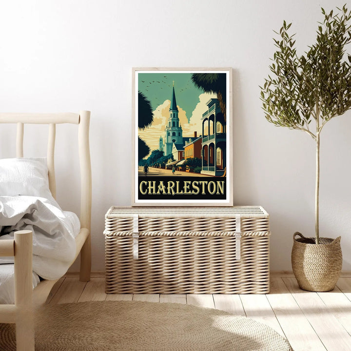 Charleston graphic vector style travel poster illustrating a peaceful evening on the avenues of South Carolina. This beautiful landscape wall art by MapYourDreams comes as an unframed poster, gallery canvas, or custom framed print.