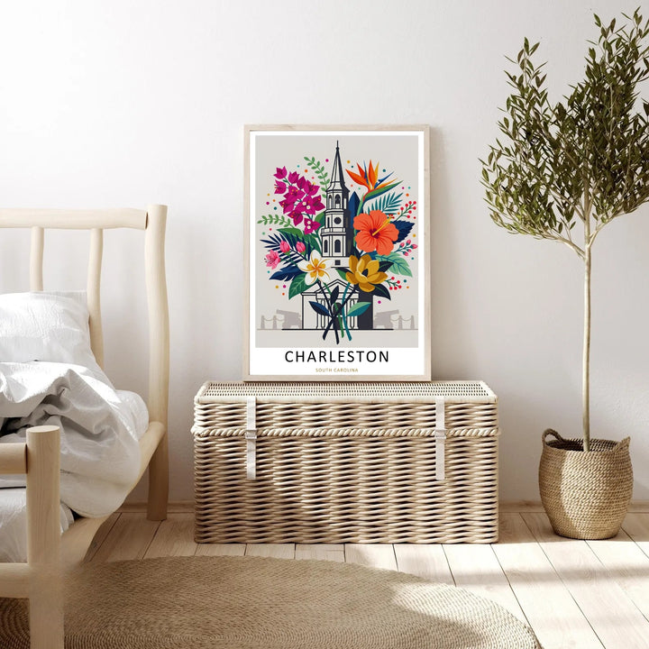 Charleston coastal architecture and colorful sub-tropical plants creating a unique artistic gallery wall collage scene. Upgrade your bedroom wall decor with this MapYourDreams design, available as a framed print or stretched canvas.