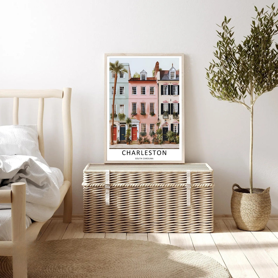Charleston residential destination art print highlighting the peaceful afternoon appearance of a historic coastal city neighborhood. Elevate your gallery wall with this MapYourDreams poster available in framed, canvas, and print formats.