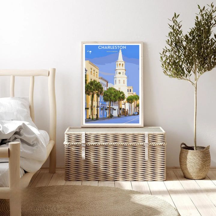 Historic white church spire standing tall over ochre and blue townhouses with a row of palmetto trees in Charleston South Carolina. A striking poster design perfect for living room decor as a canvas print, framed art, or poster.