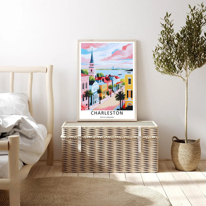 Sunset ocean horizon line with an aerial street view and bright daylight architectural reflections on pastel buildings. This print makes great southern home wall art as a canvas, framed print, or poster.