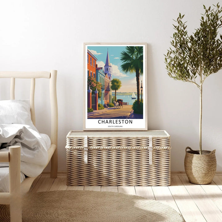Charleston urban landscape sunset lines behind a historic white steeple with tropical palm tree fronds framing the view. A scenic travel poster from MapYourDreams, crafted expertly as an unframed print, wood-framed art, or canvas.