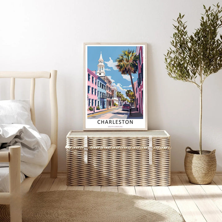 Charleston graphic art print showcasing the iconic Rainbow Row architectural style, grand historic balconies, and southern lifestyle. This decorative travel poster is perfectly suited for modern homes as a framed canvas print or simple paper poster.
