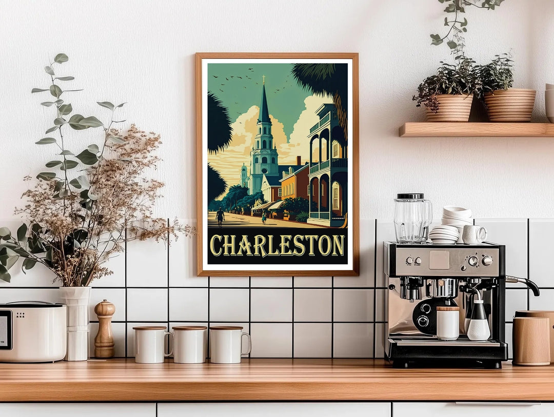 Charleston graphic art print showcasing the cobblestone promenade style, grand historic balconies, and southern lifestyle. This decorative travel poster is perfectly suited for modern homes as a framed canvas print or simple paper poster.