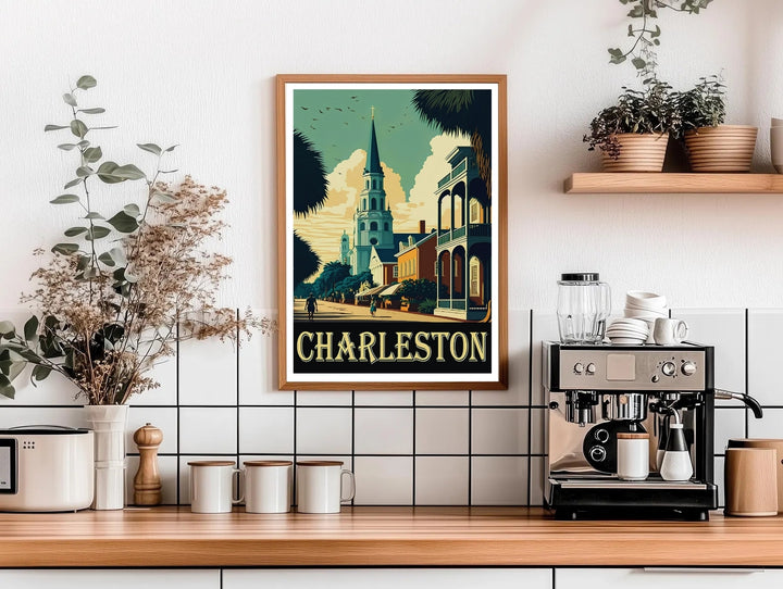 Charleston graphic art print showcasing the cobblestone promenade style, grand historic balconies, and southern lifestyle. This decorative travel poster is perfectly suited for modern homes as a framed canvas print or simple paper poster.