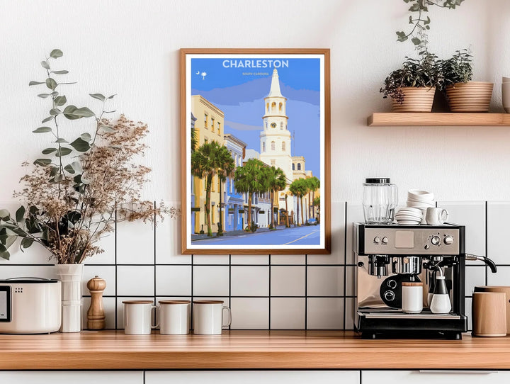 Charleston city street capturing a clear blue sky, a grand white church tower, and vibrant green palm tree canopies. This poster makes great southern home wall art as a canvas, framed print, or poster.