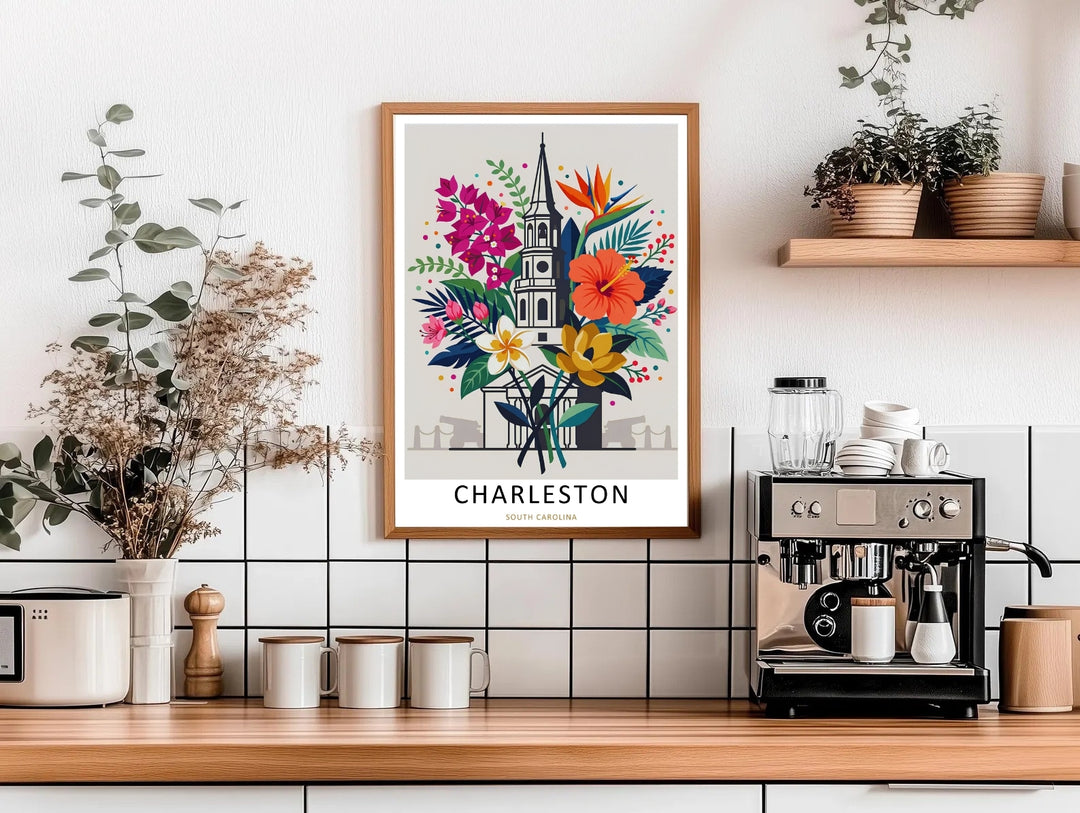 Fine art illustration of a southern landmark facade with a large hibiscus blossom, green foliage, and a prominent church tower. MapYourDreams wall decor offered in multiple sizes as an unframed print, framed print, or luxury canvas.