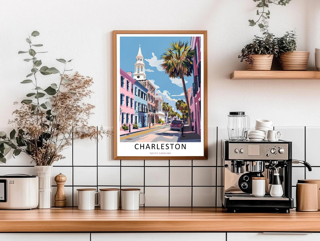 Historic white church spire standing tall over elegant pastel townhomes and large palmetto tree branches in Charleston South Carolina. A striking poster design perfect for living room decor as a canvas print, framed art, or poster.