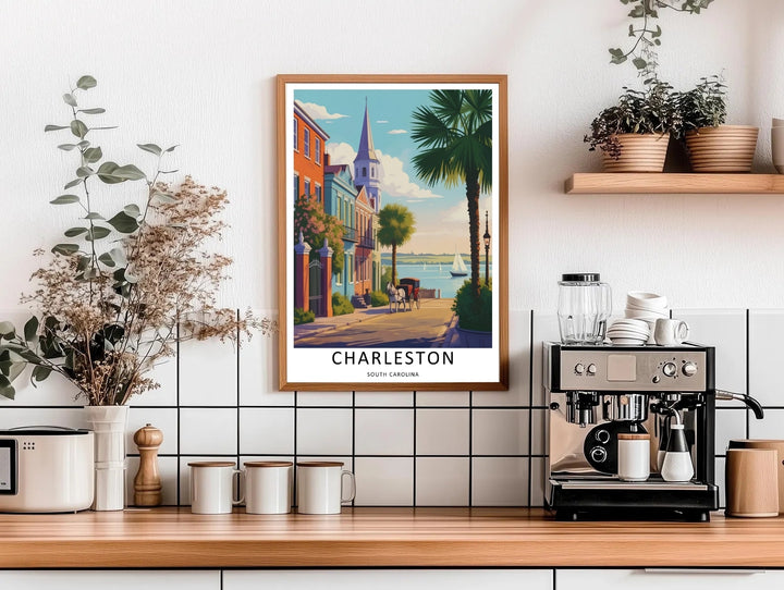 Charleston sunset ocean horizon line with a distant sailboat and bright daylight architectural reflections on coastal buildings. This print makes great southern home wall art as a canvas, framed print, or poster.