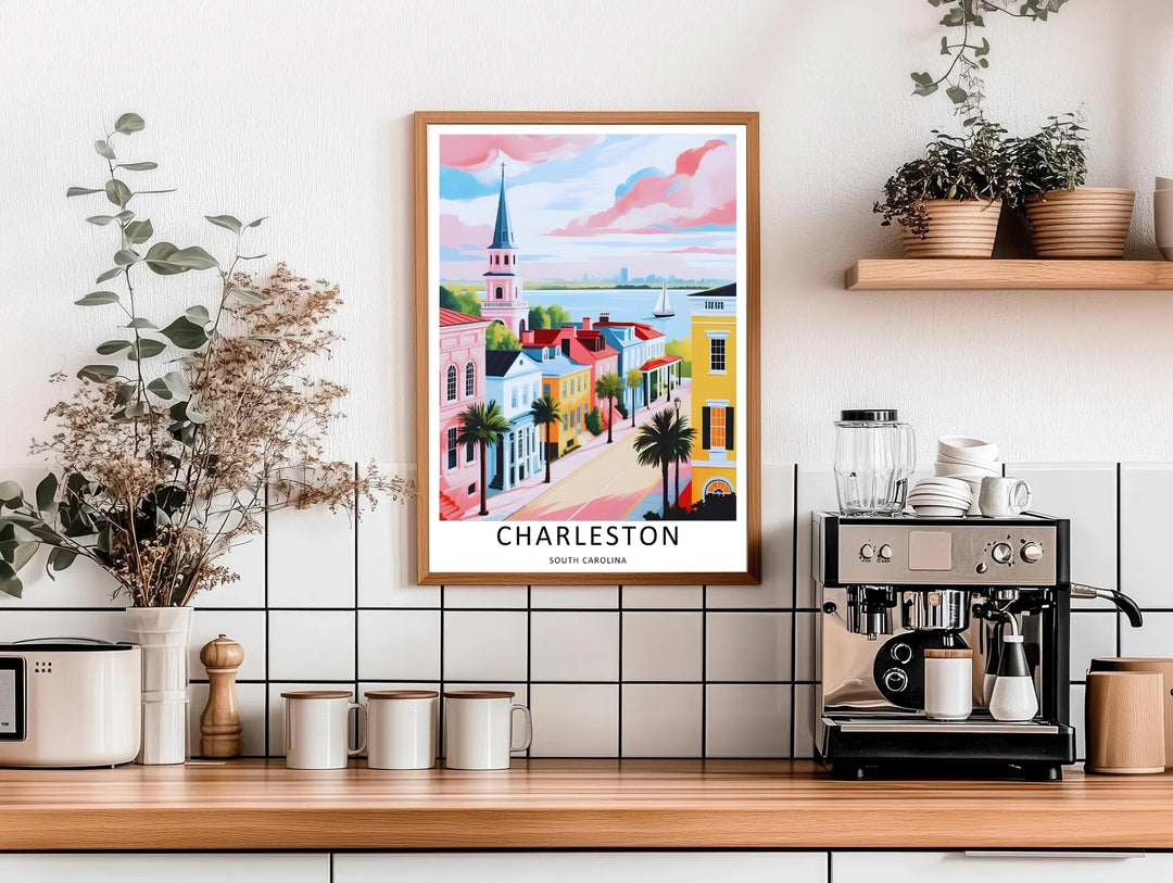 Classic southern architecture and a distant white sailboat on the water during a beautiful sunset overlook. Upgrade your bedroom wall decor with this MapYourDreams design, available as a framed print or stretched canvas.