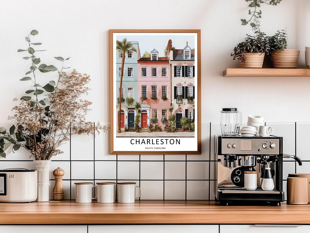 Historic townhouses with dark shutters, white trim moldings, and red-bordered doors in a modern Charleston South Carolina print. A striking poster design perfect for living room decor as a canvas print, framed art, or poster.