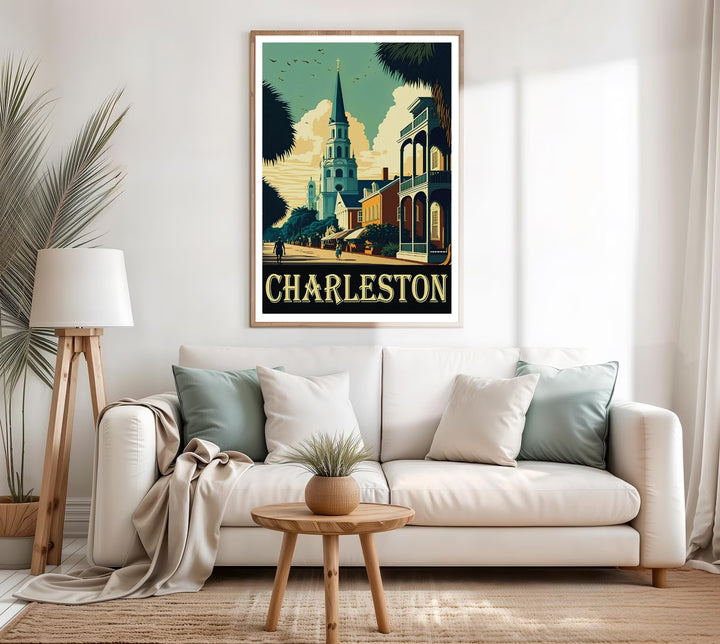 Fine art illustration of a southern street with historic homes and a tall landmark church tower in South Carolina. MapYourDreams wall decor offered in multiple sizes as an unframed print, framed print, or luxury canvas.