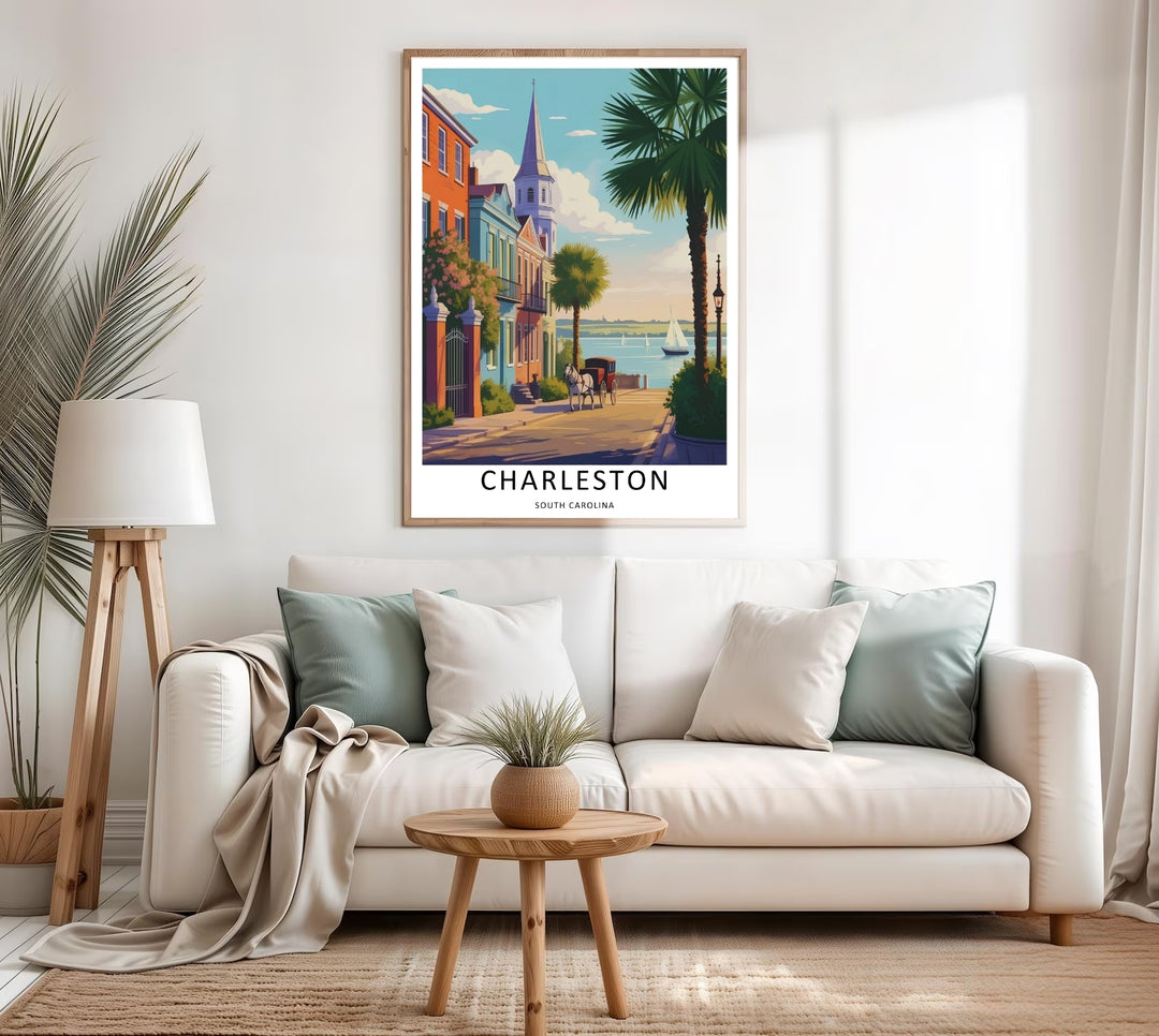 Charleston classic southern architecture and a traditional horse carriage passing through a historic waterfront district scene. Upgrade your bedroom wall decor with this MapYourDreams design, available as a framed print or stretched canvas.