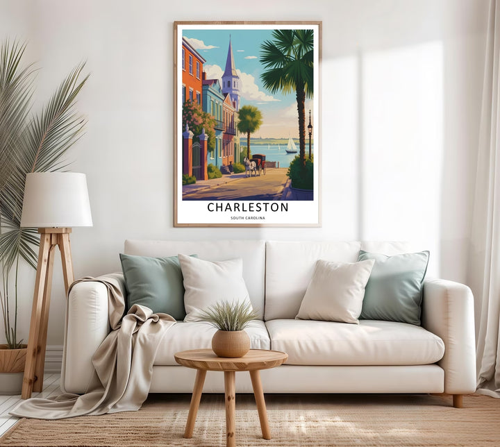 Charleston classic southern architecture and a traditional horse carriage passing through a historic waterfront district scene. Upgrade your bedroom wall decor with this MapYourDreams design, available as a framed print or stretched canvas.