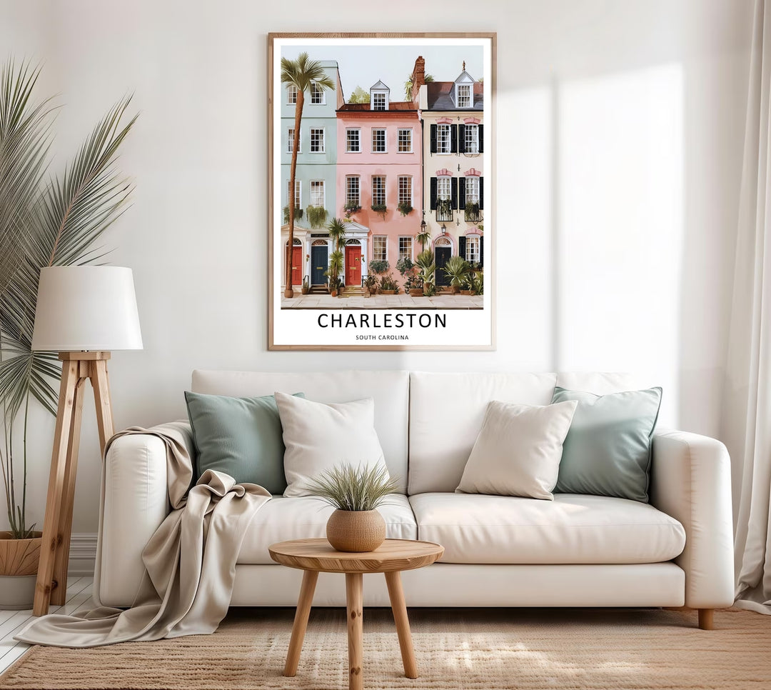 Charleston building frontage capturing clean lines, symmetrical windows, and a clear neutral sky background. This poster makes great southern home wall art as a canvas, framed print, or poster.