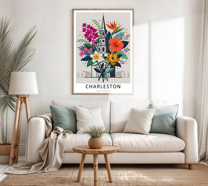 Charleston graphic design capturing a clean cream background backdrop, lush fanned palm fronds, and bright botanical accent details. This poster makes great southern home wall art as a canvas, framed print, or poster.