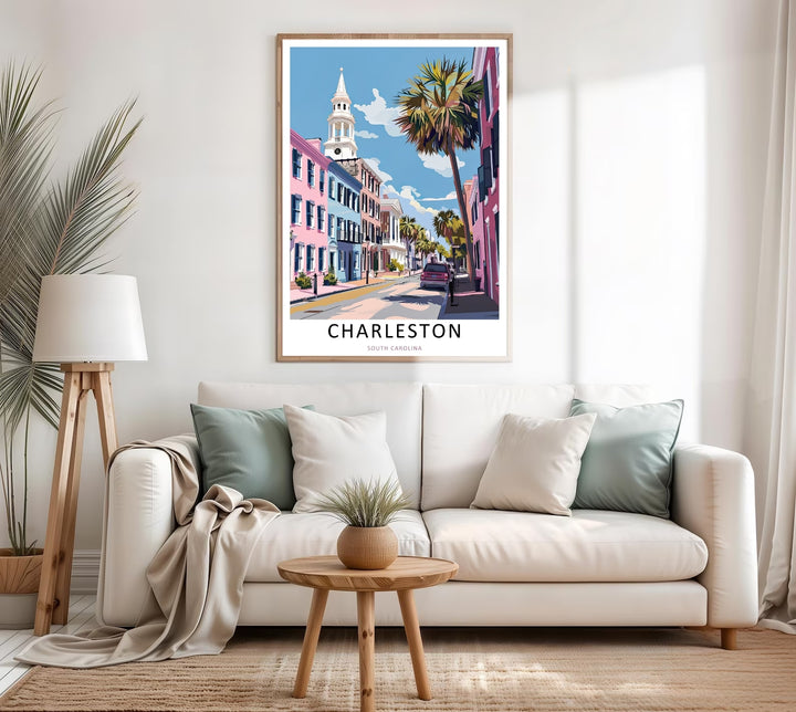 Fine art illustration of a southern street with historic homes and a tall landmark church tower under a clear blue sky. MapYourDreams wall decor offered in multiple sizes as an unframed print, framed print, or luxury canvas.