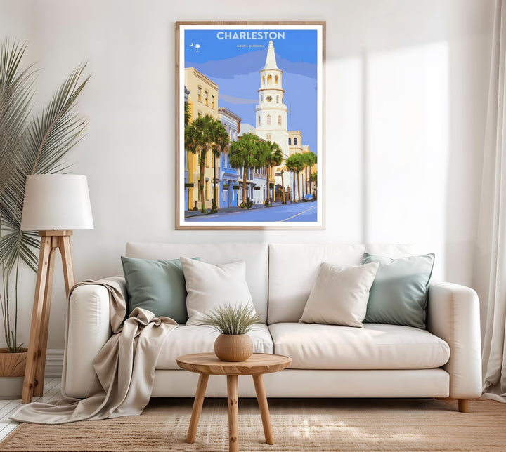 Charleston coastal architecture and classic historic row houses nestled along a sunlit city avenue view. Upgrade your bedroom wall decor with this MapYourDreams design, available as a framed print or stretched canvas.