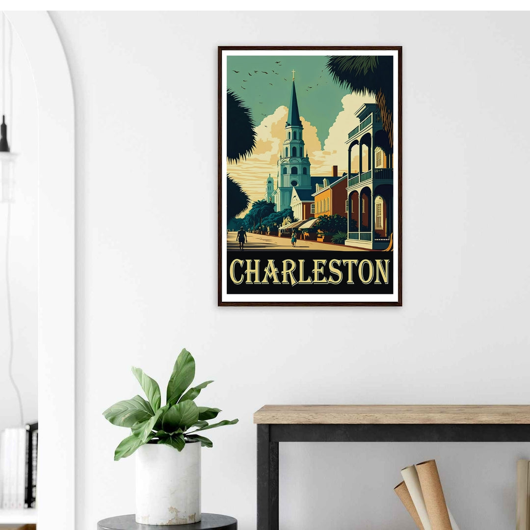 Grand historic row houses and a distant steeple resting under a cream sky in a clean vector poster design. This beautiful wall art makes an excellent housewarming gift as a canvas print, framed poster, or simple print.