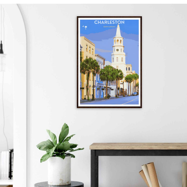 Charleston graphic vector style travel poster illustrating a bright summer afternoon in the historic district. This beautiful landscape wall art by MapYourDreams comes as an unframed poster, gallery canvas, or custom framed print.