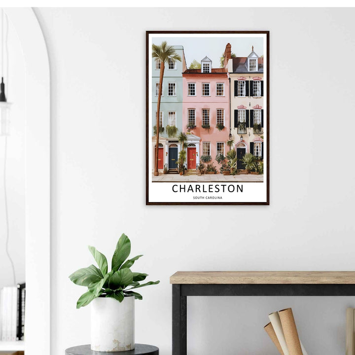 Textured look at a historic street facade with palmetto palm leaves and classic pastel southern houses with window boxes. A striking architecture wall print available from MapYourDreams as an unframed poster, framed art, or canvas.