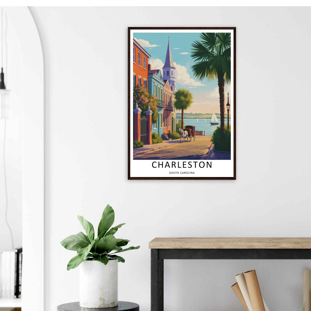 Charleston vibrant pink crepe myrtle blossoms cascade down a historic terracotta brick courtyard wall in a beautiful travel illustration. High-quality wall decor available in versatile framed, canvas, and unframed print options.