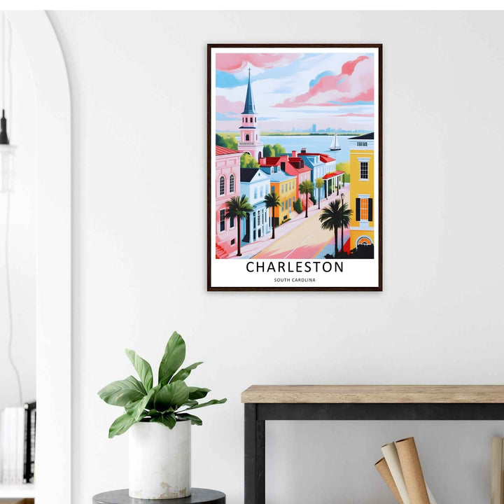 Urban landscape sunset lines behind a historic pink steeple with tropical palm tree fronds framing the view. A scenic travel poster from MapYourDreams, crafted expertly as an unframed print, wood-framed art, or canvas.