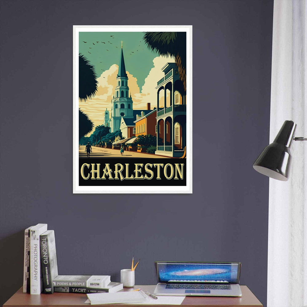 Charleston New England style southern wall decor featuring historic row houses and multi-tiered porches. An elegant poster style piece offered as a framed print, canvas, or poster.