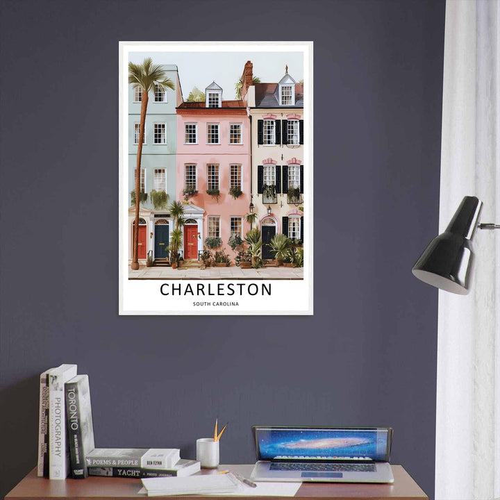 Charleston historic homes wall decor featuring mint green, pink, and cream townhomes with dark wooden shutters. An elegant poster style piece offered as a framed print, canvas, or fine art paper poster.