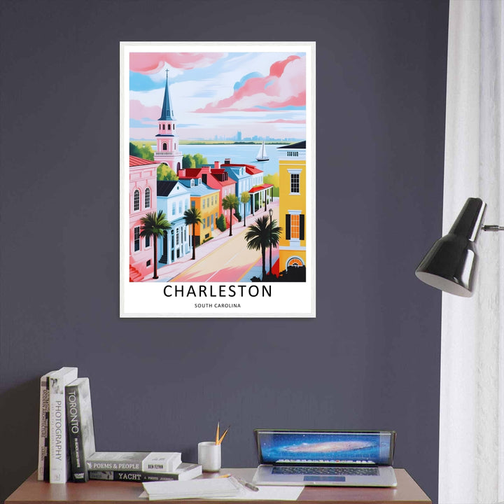 Charleston sunset wall decor featuring vibrant pink and blue cotton-candy clouds over a coastal city streetscape. An elegant travel poster style piece offered as a framed print, canvas, or fine art paper poster.