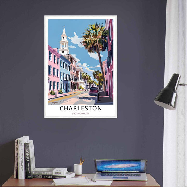Charleston Rainbow Row southern wall decor featuring sunny pink, blue, and coral houses under a clear blue sky. An elegant poster style piece offered as a framed print, canvas, or fine art paper poster.